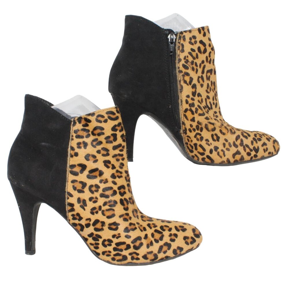 Express Sz 9M Cheetah Print Calf Hair Black Faux Suede Zip Ankle Heeled Booties - Picture 5 of 10